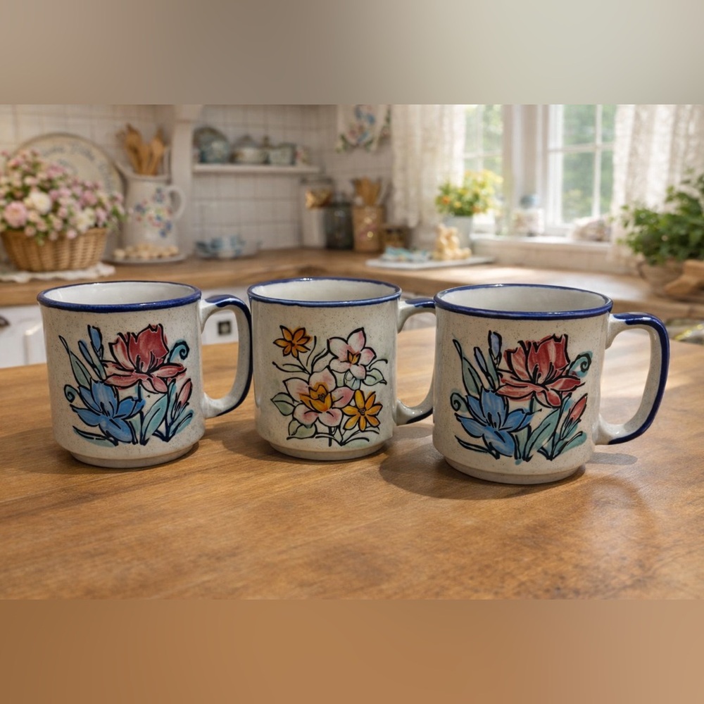 Vintage 1970s Otagiri Speckled Stonewear Floral & Cobalt Blue Coffee Mugs